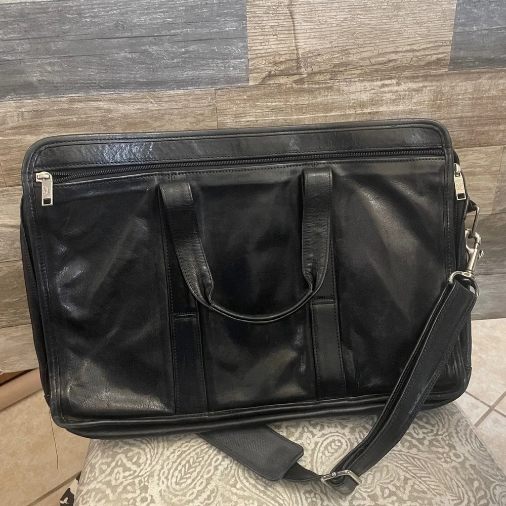 M Brand Black Genuine Leather Briefcase Expandable Laptop Bag Made in Argentina